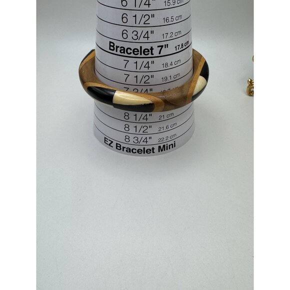 Modernist Boho Wood & Acrylic Bangle Bracelet Black Brown Tan Color Block 8" - Picture 3 of 6